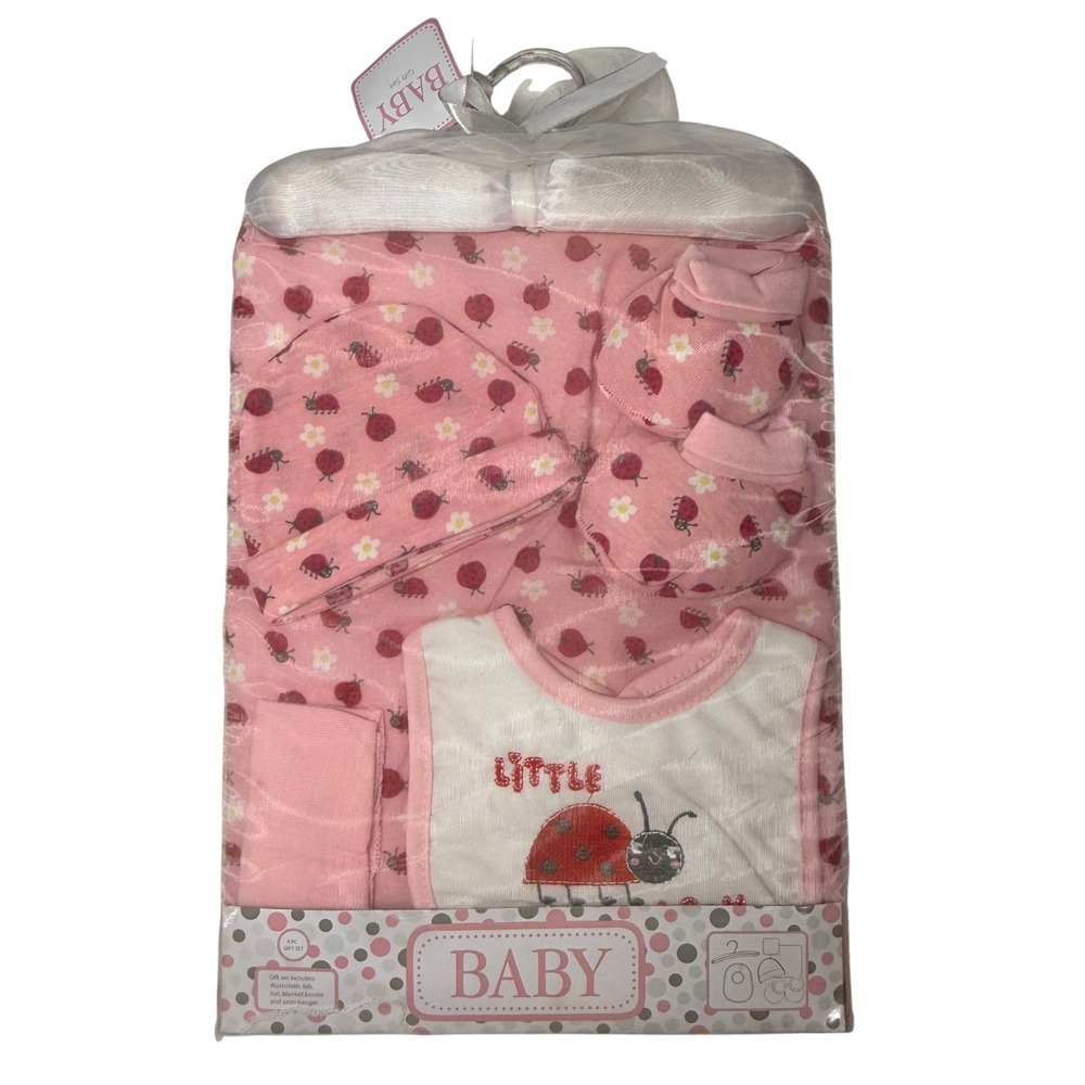 Baby Essentials Girl 6pc Gift Set Ladybug Blanket Hat Bib Booties Pink Cotton
